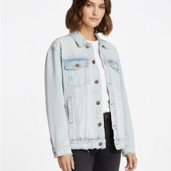 Current/Elliott Boyfriend Trucker studded distressed denim jean jacket - Large - Picture 1 of 4